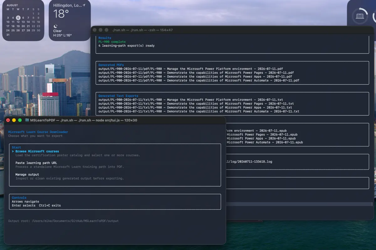MSLearnToPDF terminal interface showing generated PDF, text and EPUB course exports