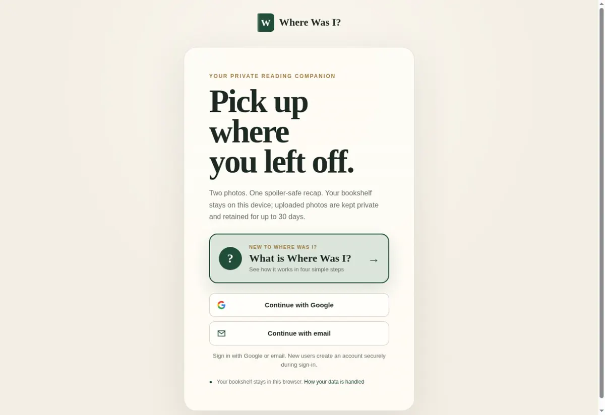 Where Was I homepage showing its spoiler-safe reading recap sign-in panel